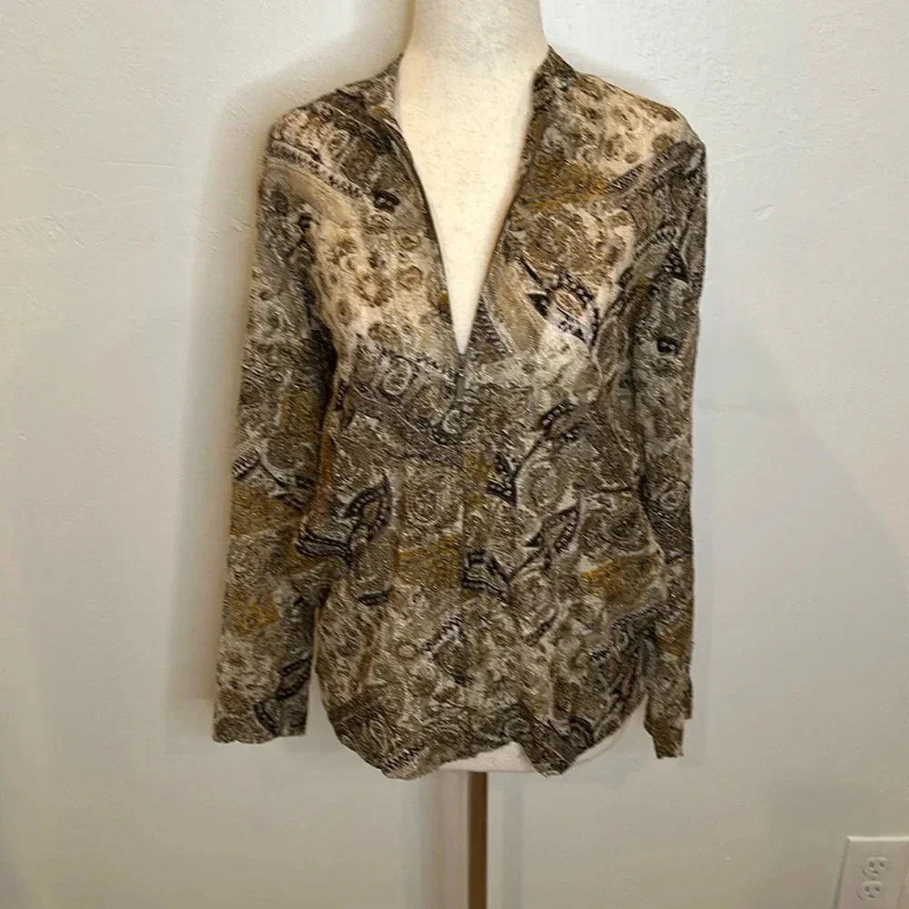 CHICOS SEMI SHEER ZIPPER FRONT LACE JACKET LONG SLEEVES CHICOS SZ 0 (small)